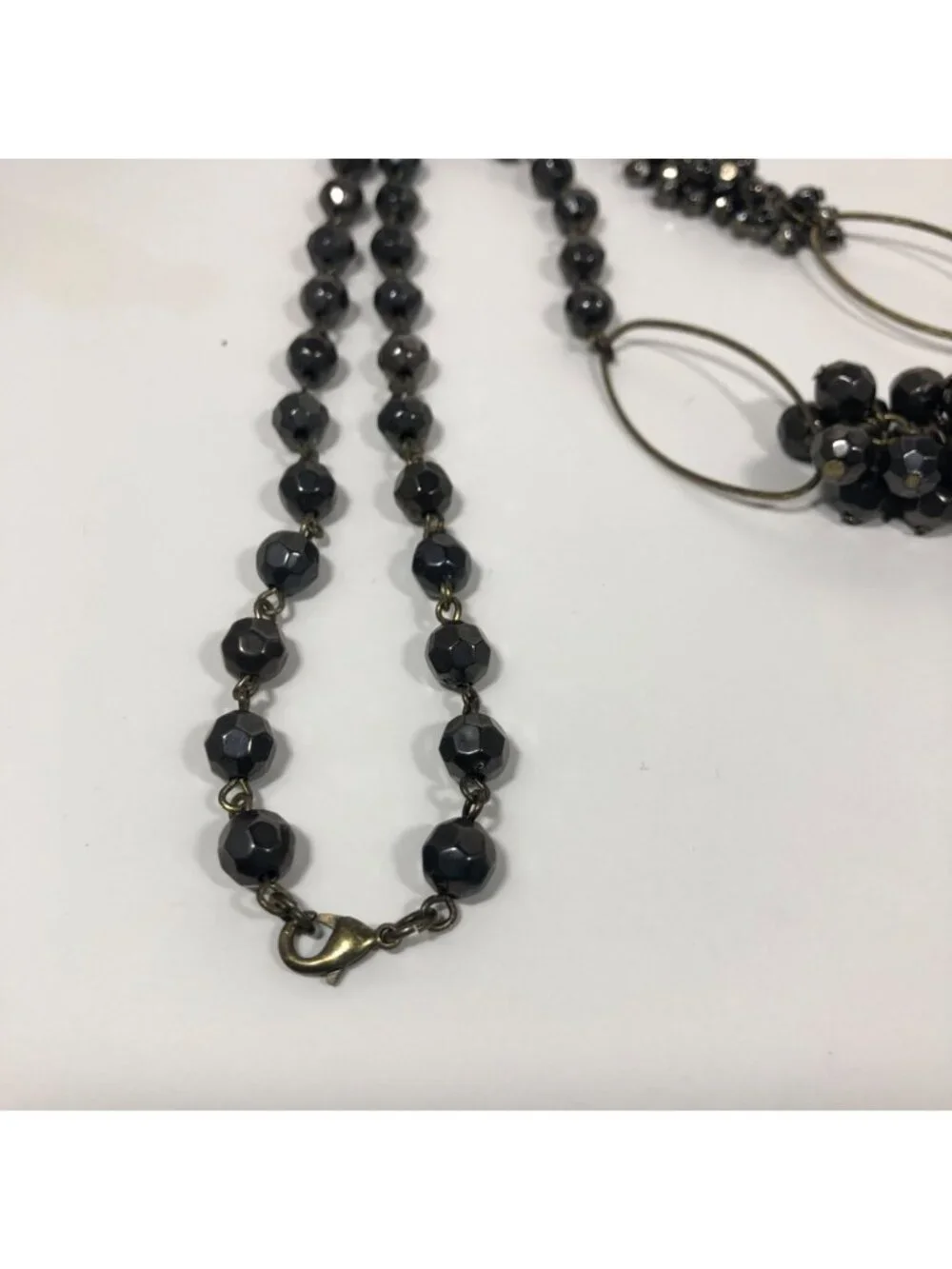 Black Faceted Bead Cluster Statement Necklace Long Antique Gold Tone 38 inch